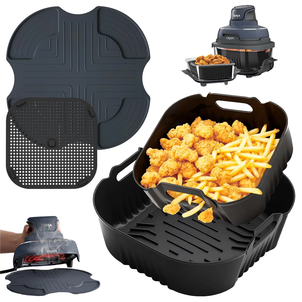 Accessori Airfryer per Ninja CRISPi FN101EU – 2 Stampi in Silicone con Coperchio Antischizzo & Tappetino in Silicone, Inserti Compatibili per Ninja CRISPi 4-in-1 Portable Glass Airfryer