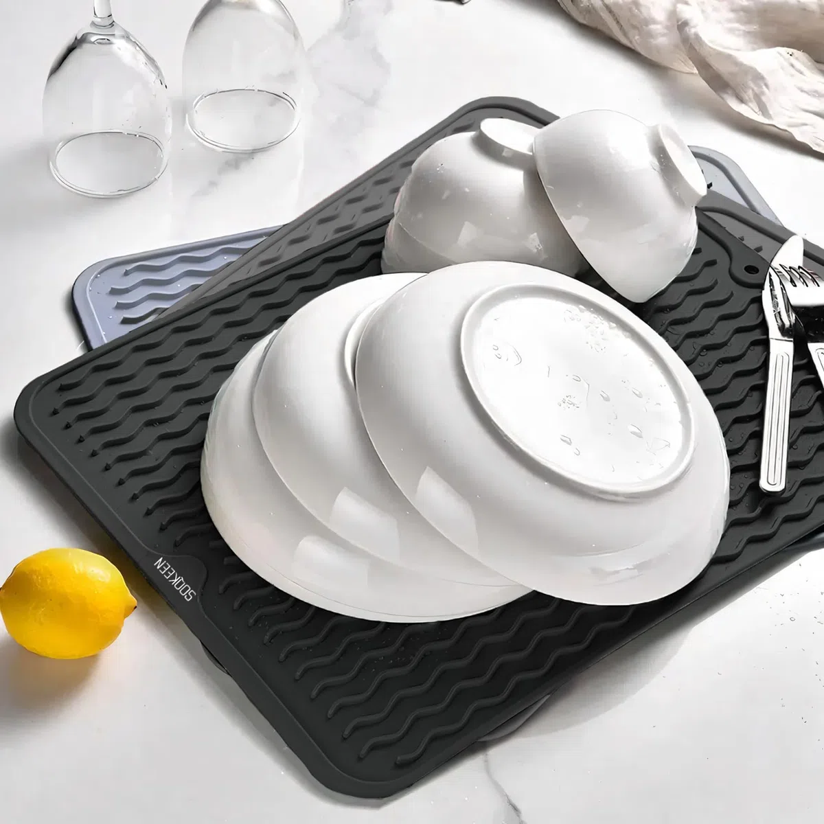 Tappetino Scolapiatti in Silicone 40x50cm Nero, Resistente al Calore, Pieghevole, Antiscivolo per Piano Cucina