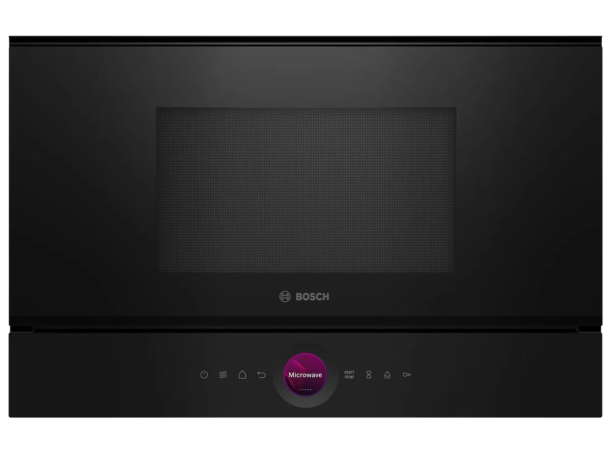 Bosch BFL7221B1 - Microonde da incasso serie 8, nero, 38 x 60 cm, 900 W, chiusura della porta a sinistra, AutoPilot 7 con 7 programmi automatici, supporto per la pulizia, display touch TFT,