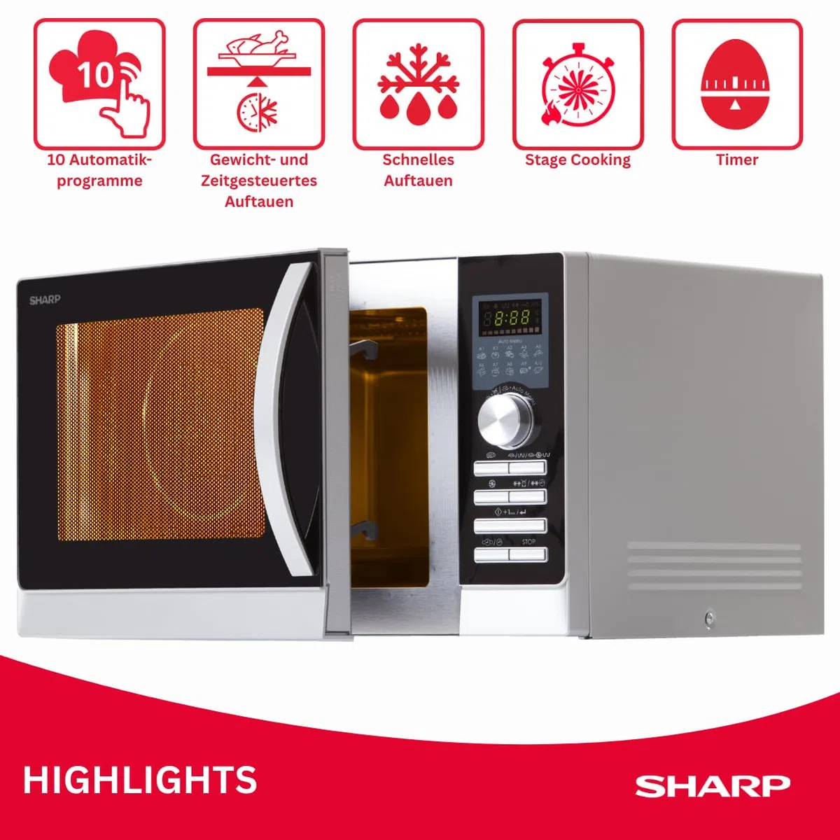 Sharp R843INW microonde 3 in 1 con aria calda, grill e convezione / 25 L/1000 W grill / 2500 convezione / 10 programmi automatici / programma pizza / piatto rotante in metallo (30 cm) / argento