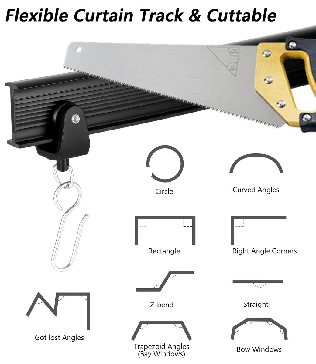 Flessibile Binario Tenda Soffitto 3 Metri, Binario per Tende a Soffitto Curva con Rulli Silenziosi per Divisore per Stanze, Camere da Letto, Finestre, Montaggio a Soffitto, Nero