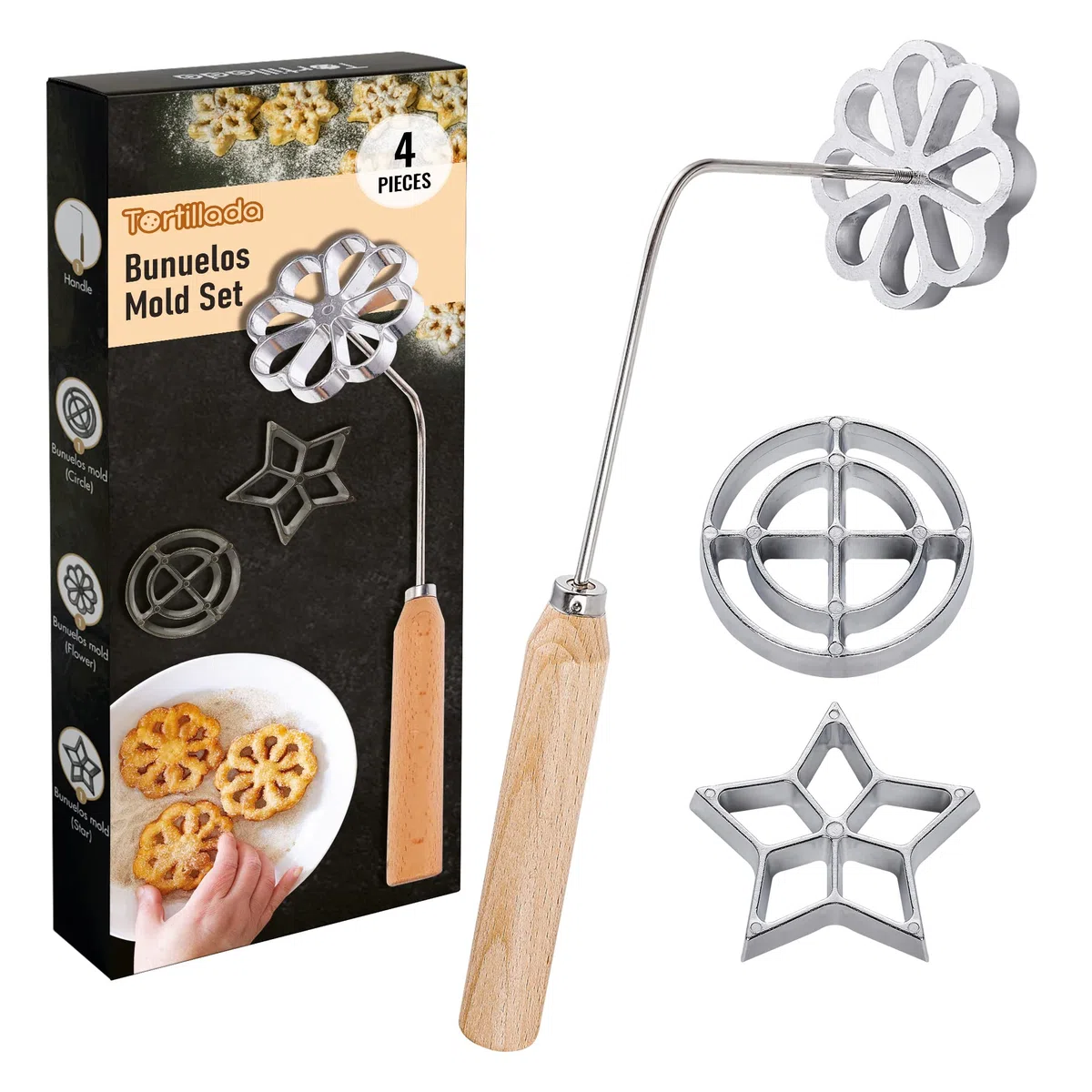 Tortillada - 4 pezzi Set Bunuelos Stampo con manico in legno Rosetta Maker biscotto Strumento in alluminio fuso stampi per cialde Set con 3 stampi (Stella Fiore Cerchio)