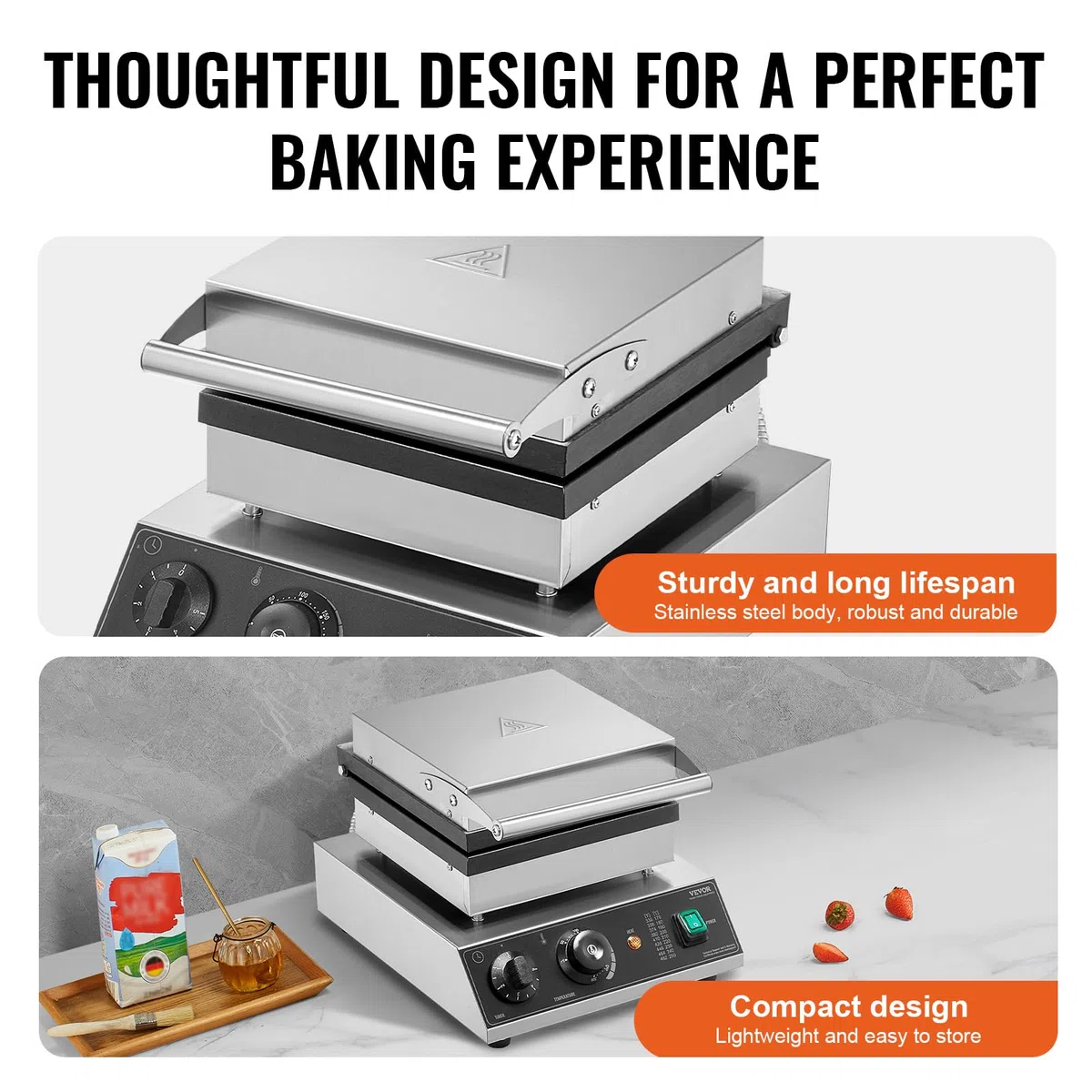 VEVOR Macchina per Waffle Commerciale, 2 Pezzi per Waffle Belga Rettangolare in Acciaio Inox Antiaderente 2000 W con Controllo Temperatura Tempo, Maniglia, per Ristorante, Panetteria, Snack Bar