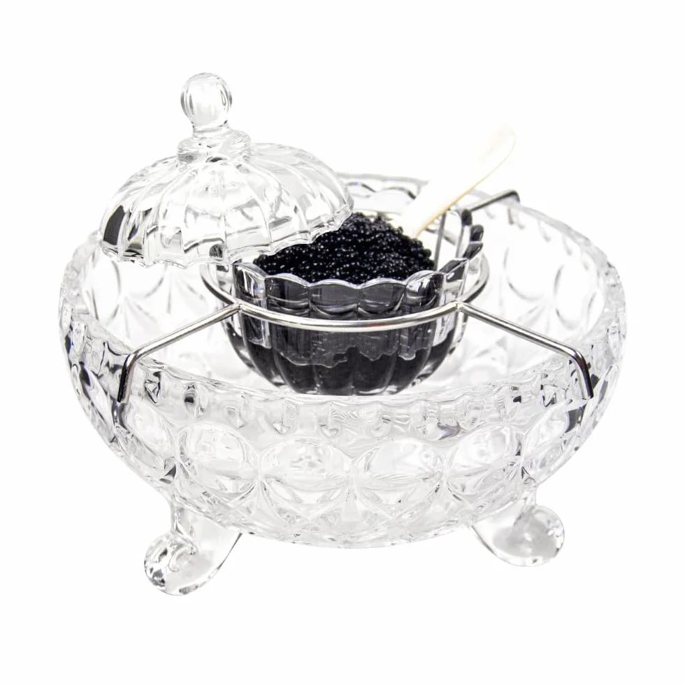 DUEBEL Set di posate per caviale con 2 cucchiai in madreperla, ciotola da portata elegante con motivo a goccioline per caviale, gamberetti e altro in cucina, ristorante e catering eventi
