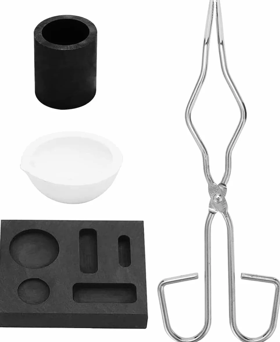 Tyenaza Kit Crogiolo per Fonderia, Kit Crogiolo in Grafite da 4 pezzi, Set di pinze e Ciotole per Crogioli di Grafite, Set di Crogioli + Pinze + Ciotole + Stampi per la Fusione di oro e Argento