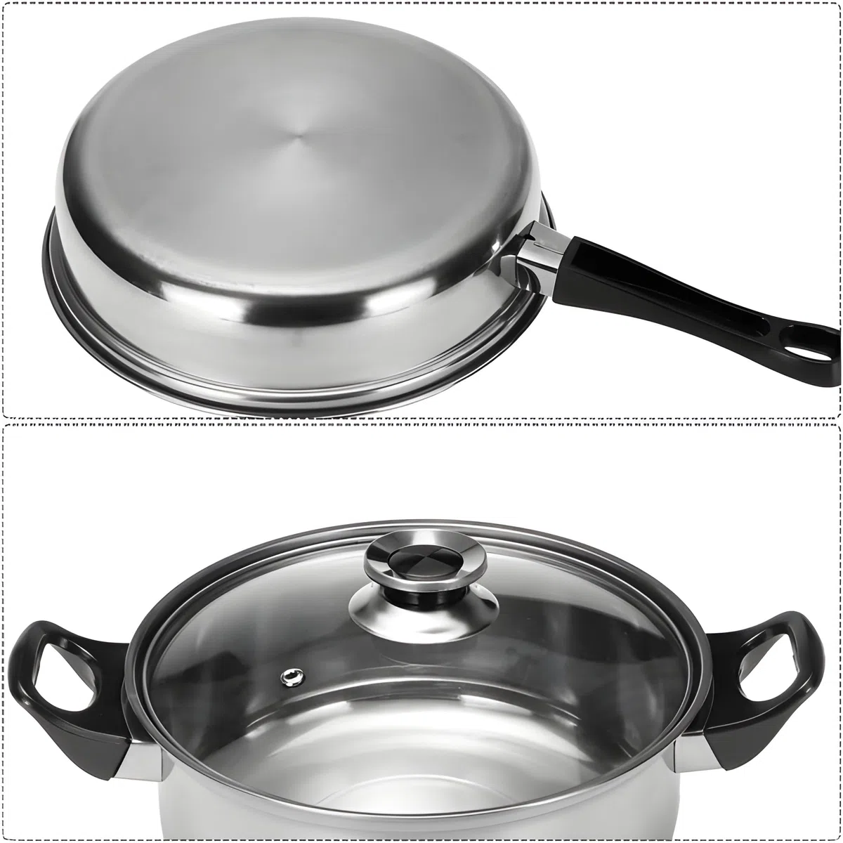 Pentole in Acciaio Inox Set da 12 Pezzi con Coperchi in Vetro Fondo a Induzione Batteria di Pentole e Padelle Bollilatte