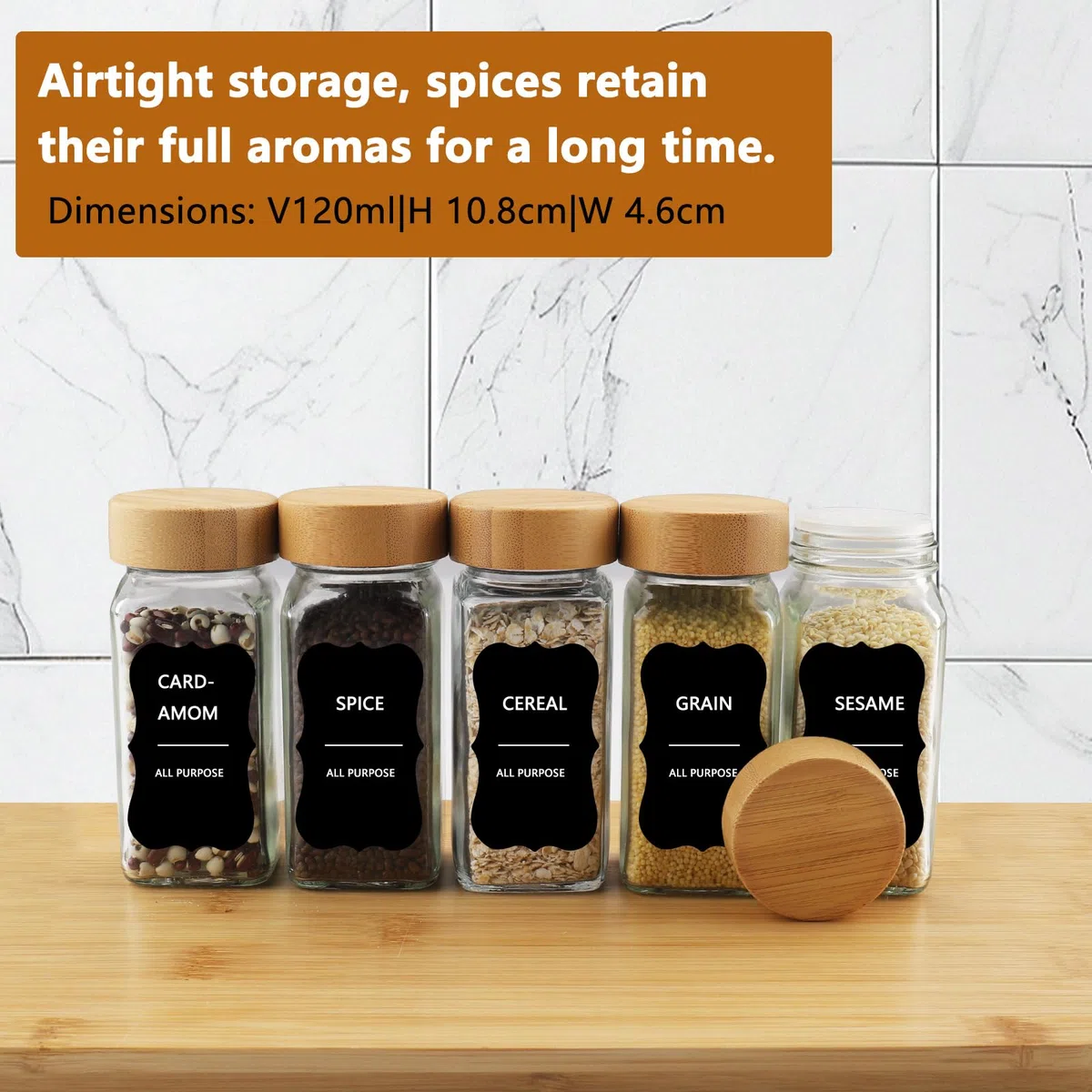 Girare Barattoli per Spezie, 12 Contenitori per Spezie Barattoli per Spezie da 120 ml con Coperchi in Bambù Barattoli per Spezie in Vetro con Setaccio Etichette Pennello Lmbuto (Quadrato)