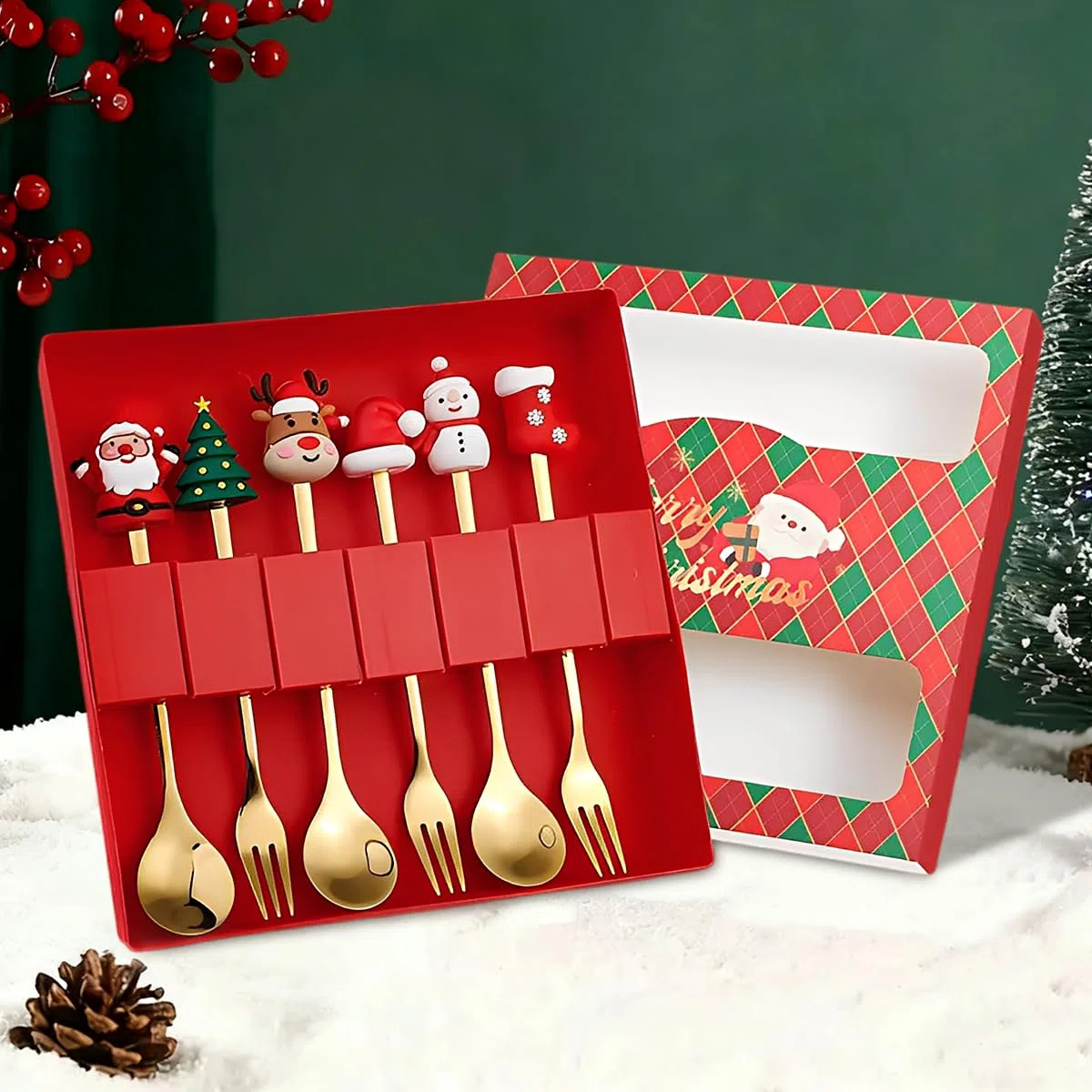Set Posate Natalizie in Acciaio Inox da 6 Pz, Cucchiaio e Forchetta Natalizi, Cucchiaini da Tè e Caffè con Simpatica Decorazione 3D, Cucchiaino Natale per Dessert Regalo per Festa Compleanno