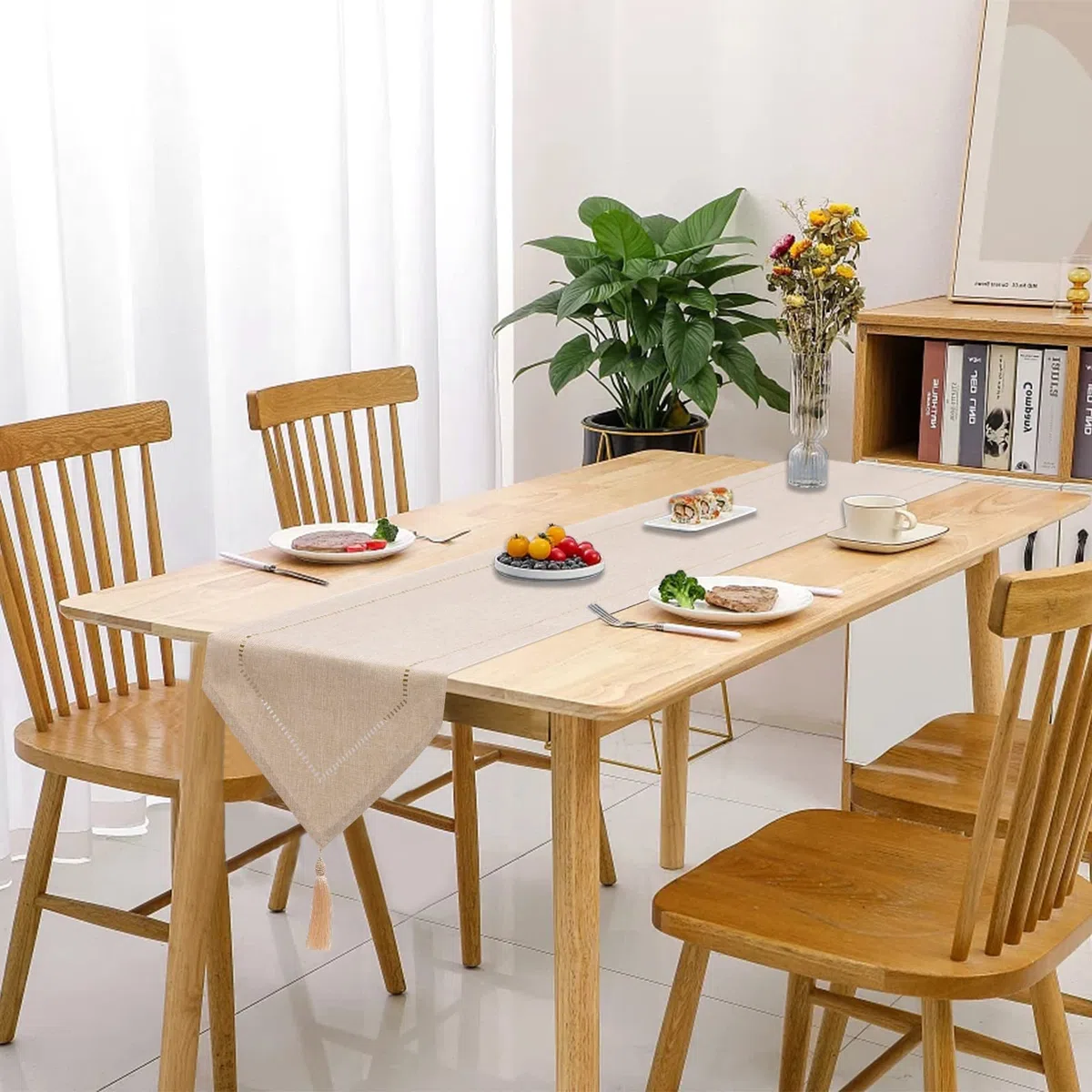 Runner da tavola in lino, bianco, crema, beige, 32 x 220 cm, runner da tavolo, liscio, moderno, facile da pulire, per tavolo da pranzo, tavolino, ristorante, decorazione