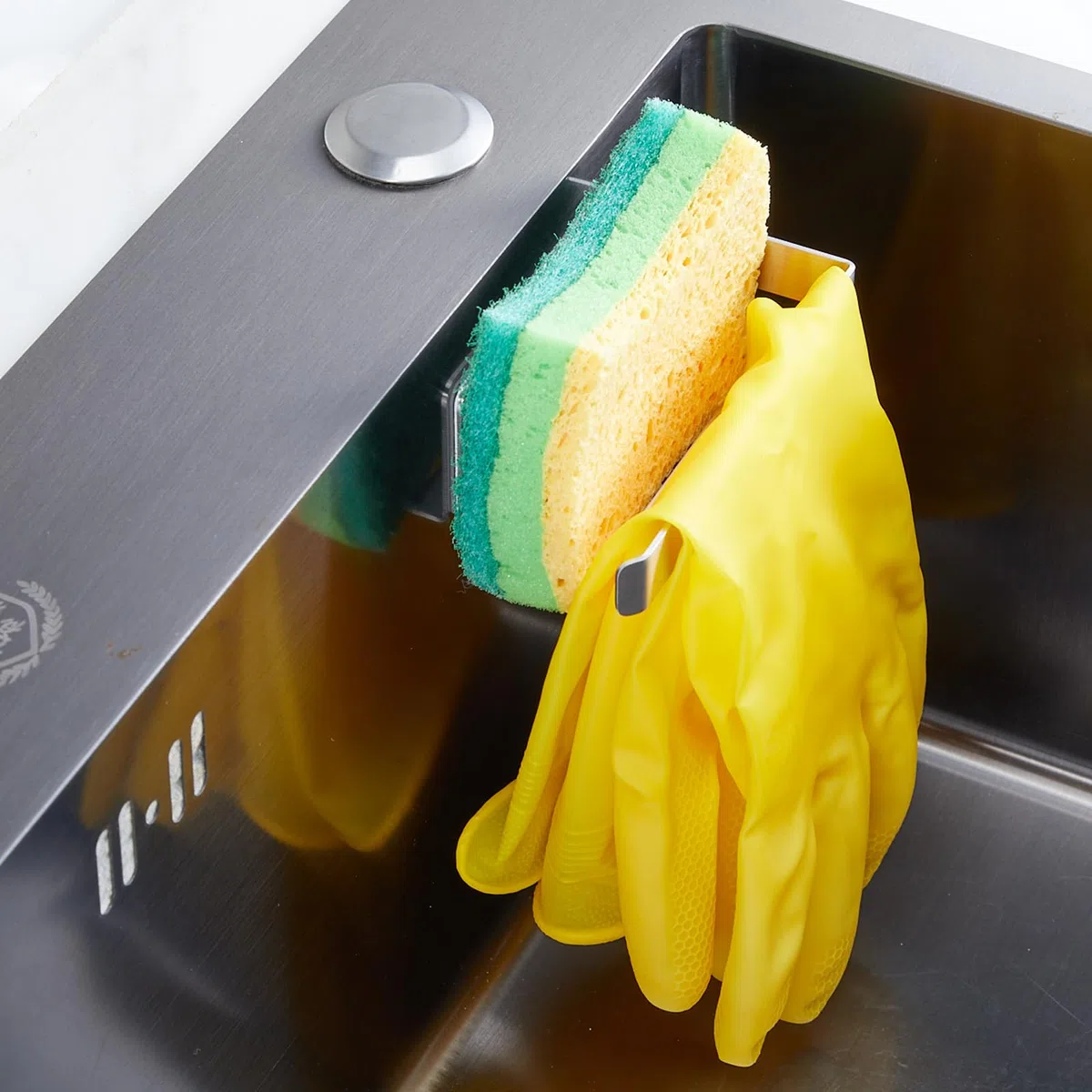 Porta Spugne Lavandino Cucina, Portaspugna, Porta Spugne 2 in 1 per Lavello, Portaoggetti per Lavello Autoadesivo, Acciaio Inox, Supporto per strofinaccio per Spugne, Spazzole e Panni