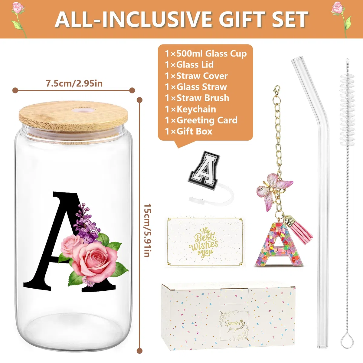 Bicchiere con Cannuccia in Vetro con Coperchio e Portachiavi a Lettera, Tazza Personalizzata, Regalo Donna per la Festa Della Mamma, San Valentino o Natale (S)