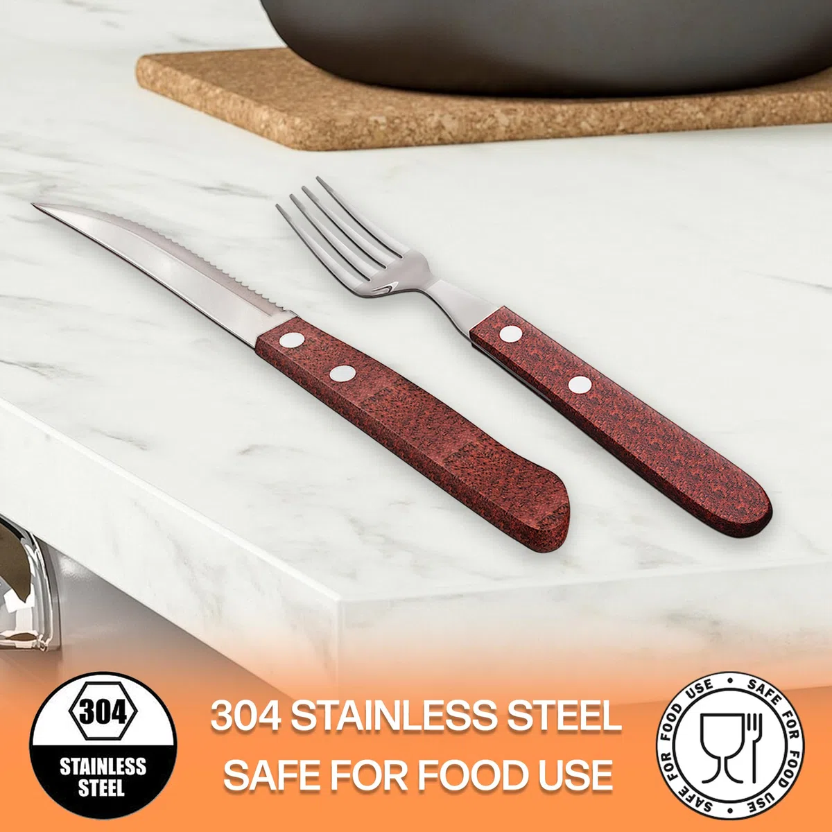 Posate da bistecca acciaio inox legno 12 pezzi con 6 pezzi di coltelli da bistecca e 6 pezzi di forchette da bistecca