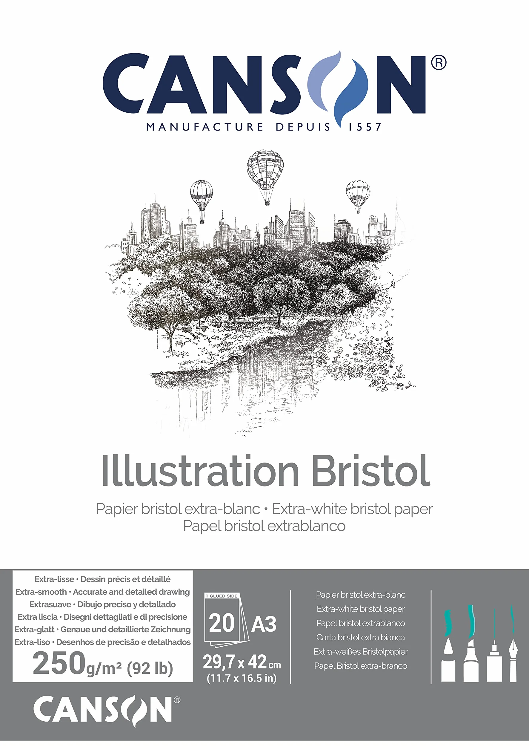 Canson Bristol blocco collato lato corto,carta finissima molto liscia,A3,20 fogli,250g/m, 29,7x42