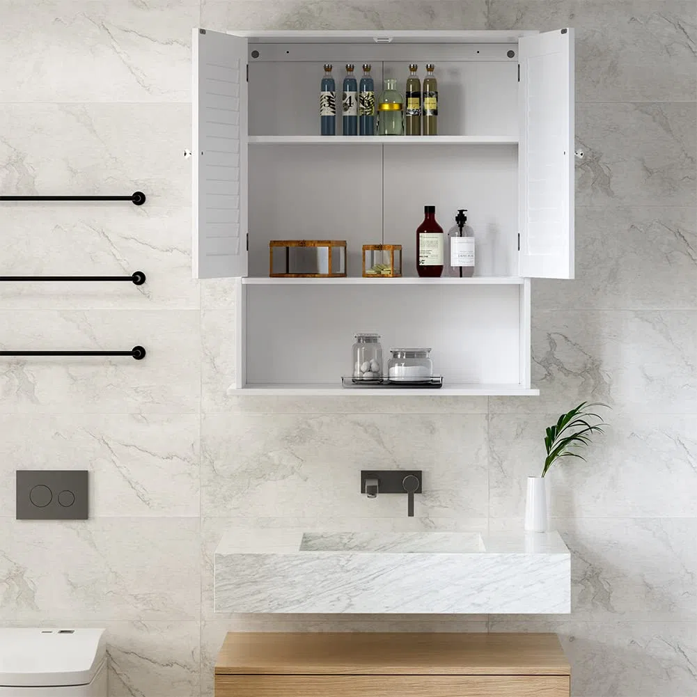 BAKAJI Pensile doppio Mobile Mobiletto Armadio Armadietto Bagno Parete Muro Doppia Anta Due Ripiani Design Moderno Salvaspazio Scaffali Interni Legno Bianco 60x20x70 cm