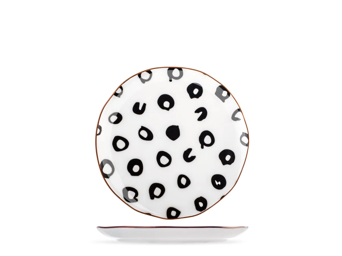 H&H-Avana, set 6 piatti frutta, in porcellana, decorata, stile etnico, piatti black&white, 21 cm, lavabili in lavastoviglie