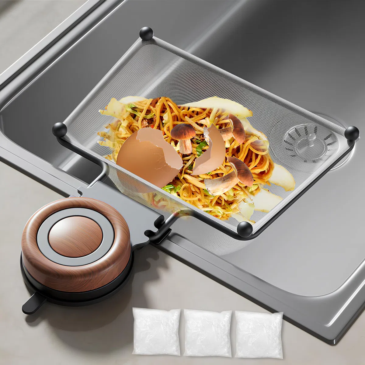 Starvortex Filtro di Scarico da Cucina con Ventosa, Portafiltro per Lavello con 150 Tasche Filtranti, 2 in 1 Scolapasta da Lavello Rimovibile Assorbente e Scaffalatura, per Filtrare Verdure Frutta