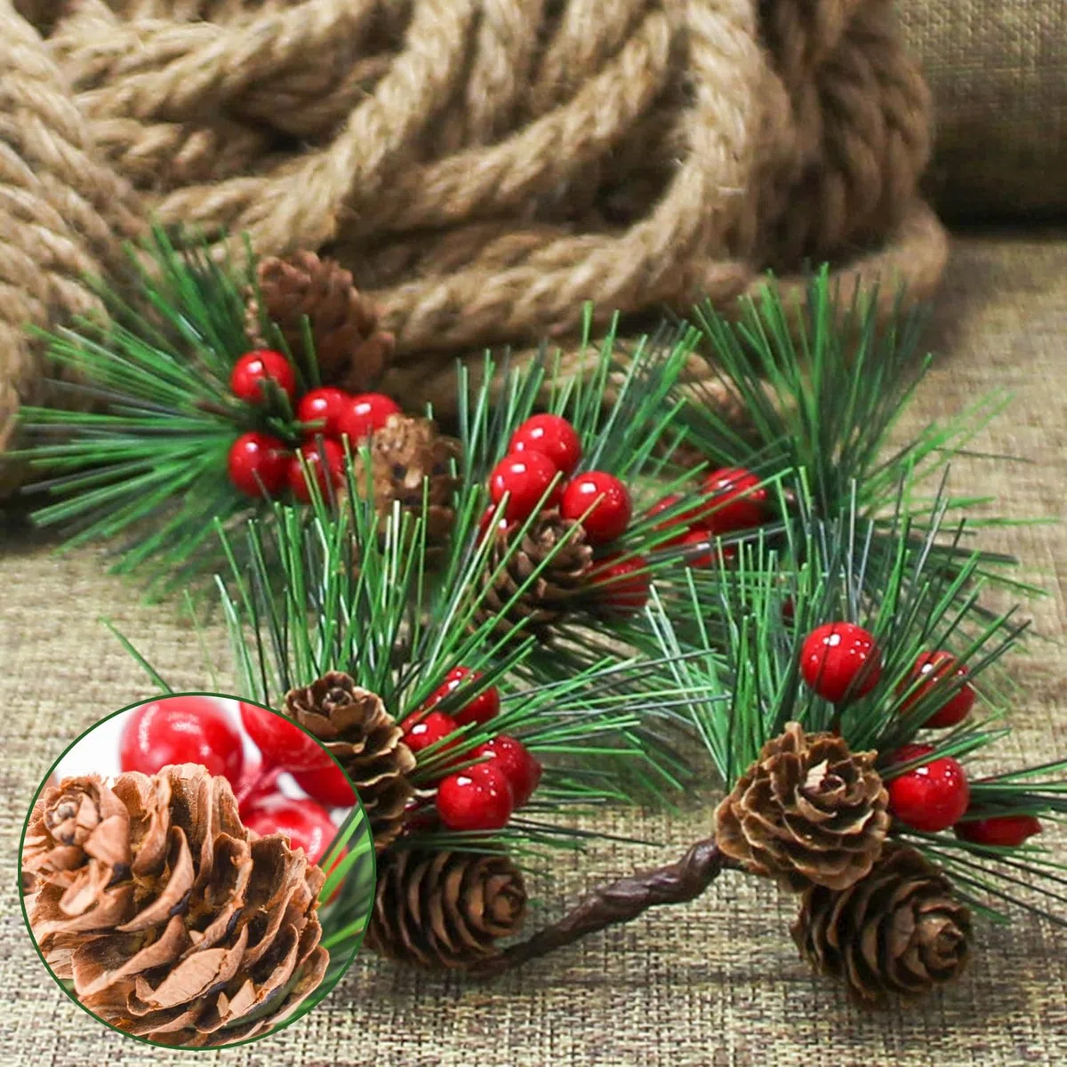 20 Pezzi Rami di Pino Artificiali con Bacche Rosse e Pigne,Piccoli Rami Natalizi Decorativi,per Ghirlande Natalizie fai da te,Matrimoni Invernali(4 Stili)