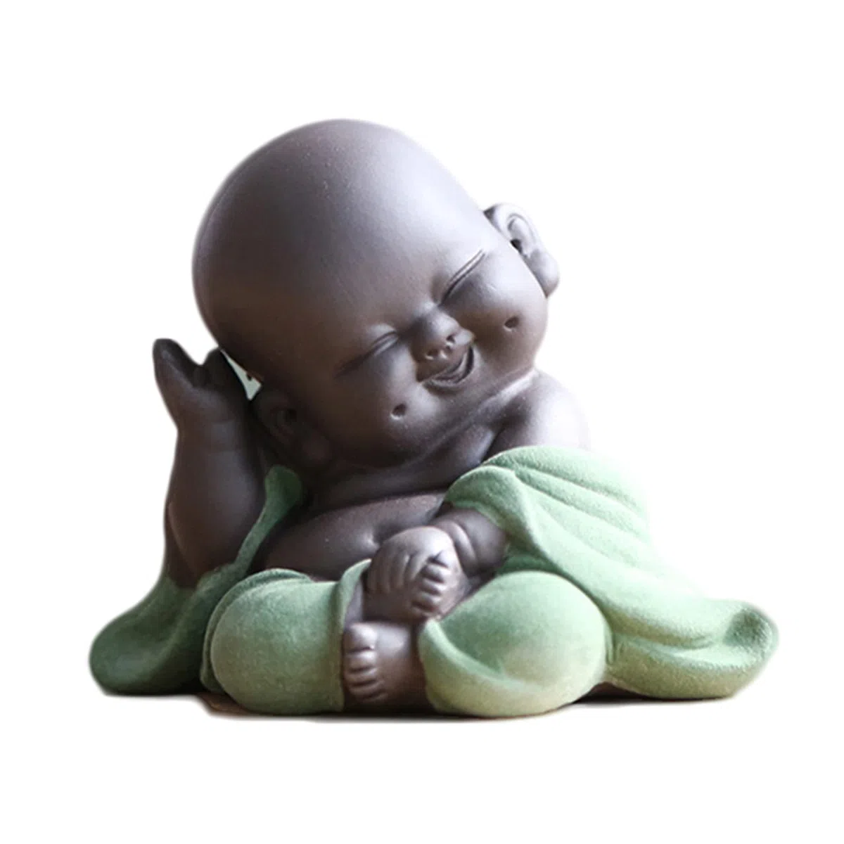 Qikuver Buddha Maitreya che ride, Statua di Buddha in ceramica Ornamento Scultura da tè Piccolo monaco Decor Set da tè per Home Office Decorazioni per auto Regalo Artigianato e arte (Verde)