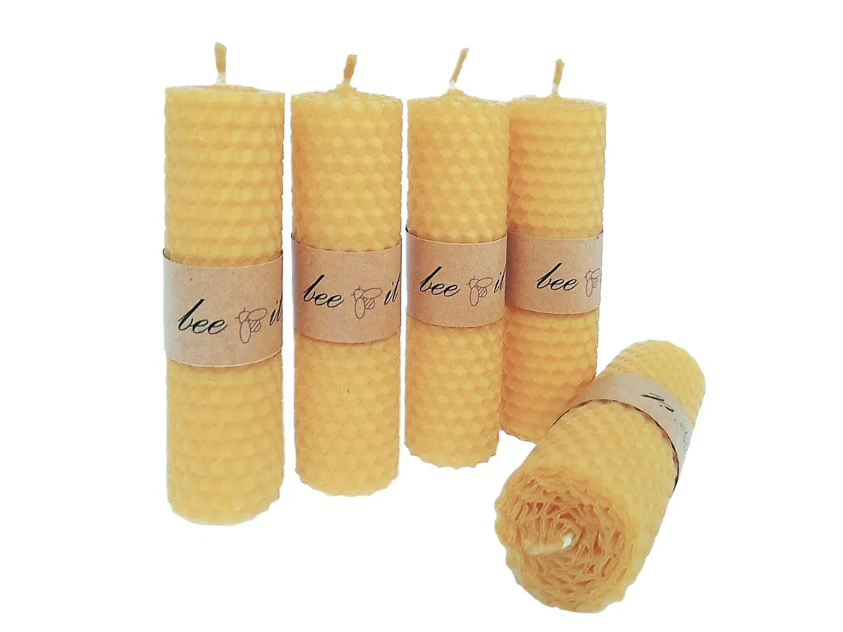 Confezione di 5 Candele in Pura Cera d'Api, a Nido d'Ape Arrotolate a Mano, Colonna Naturale