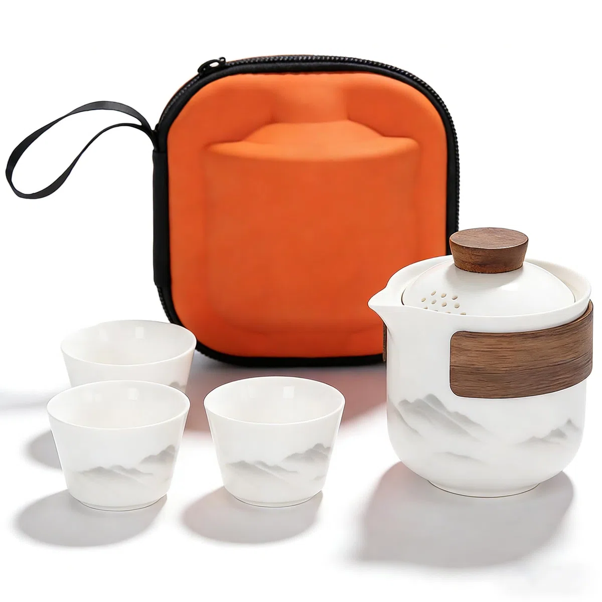 BAIFULAI Set da tè cinese Gongfu: set da tè portatile in ceramica con 1 teiera (200 ml) e 3 tazze (45 ml), servizio da tè in porcellana con borsa da viaggio per picnic all'aperto, viaggi, casa (bianco