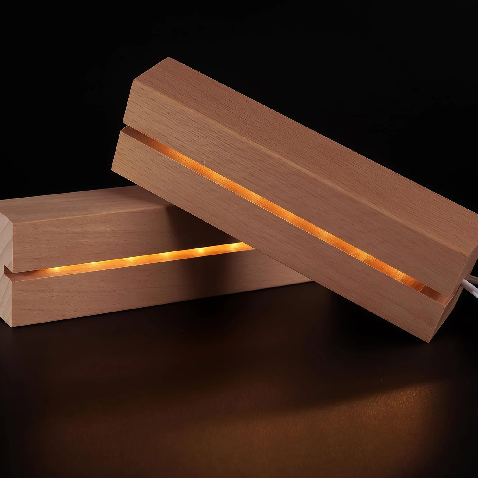 4 pezzi base LED in legno di faggio: base per display con striscia LED, supporto rettangolare per display luce calda 3 x 4,5 x 15 cm, per pannelli acrilici spessi fai da te, decorazione in