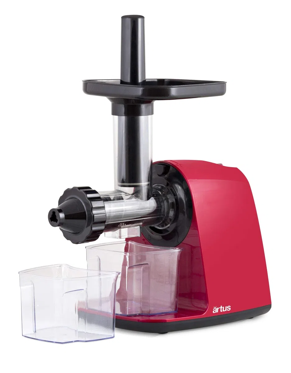 Artus E01 Estrattore di Succhi a Bassa Velocità, 200 W, 80 Rpm, Doppio Contenitore, Rosso