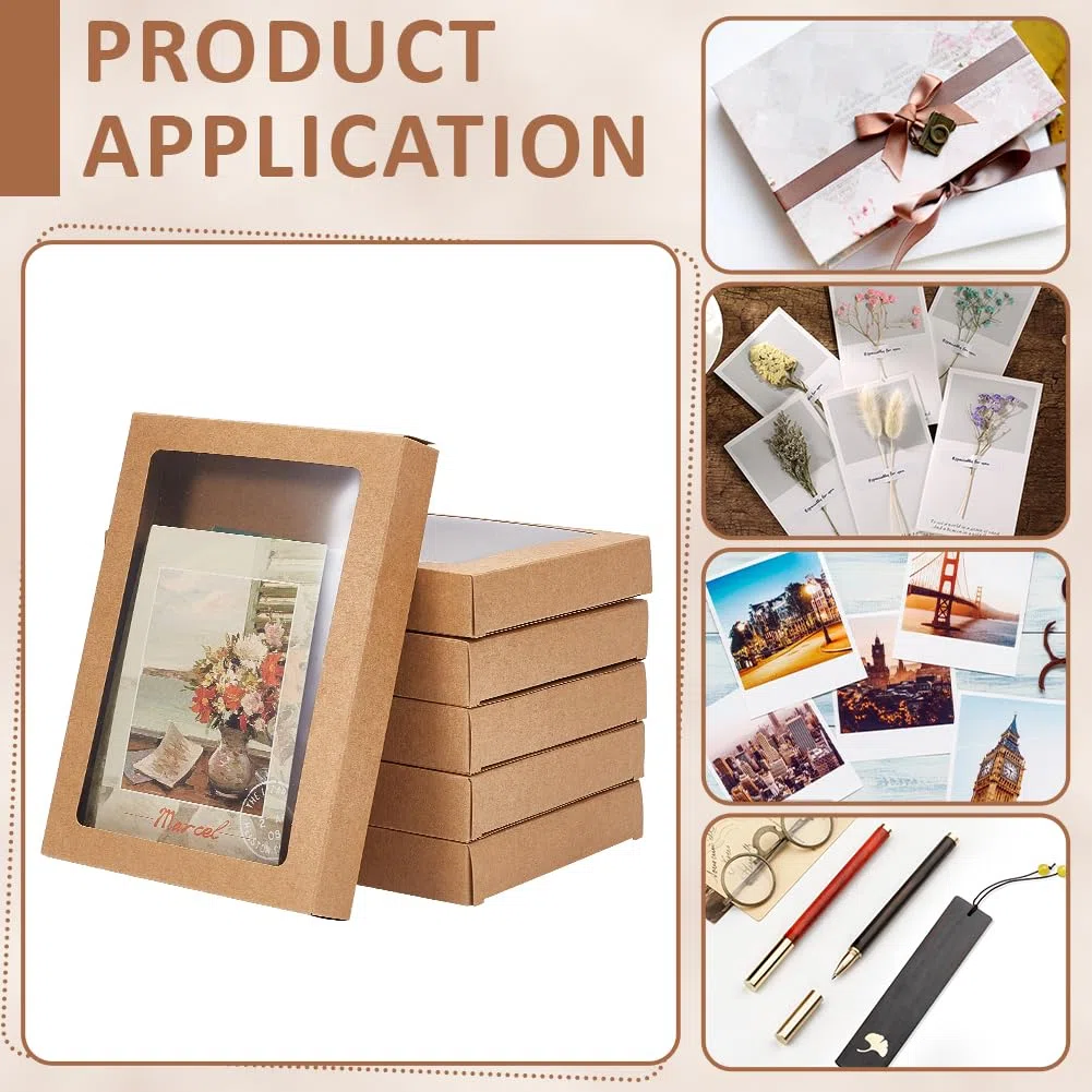 BENECREAT 30 Scatola Portaoggetti per Biglietti D'Auguri, Scatola di Carta Kraft Da 18.7x13.6x2.6cm con Finestra Trasparente per Busta, Cornice Portafoto, Cammello