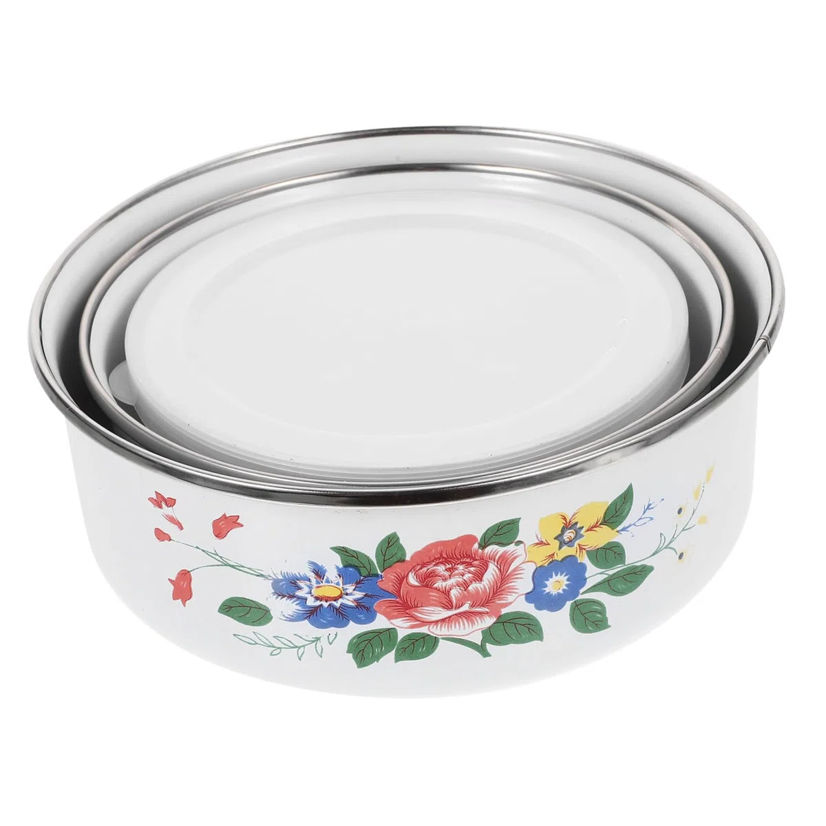 Hemobllo Set Di 3 Ciotole Smaltate Coperchio e Motivo Floreale Casuale, Contenitori Cucina Versatili Per Frutta, Insalate e Zuppe, Per Casa e Ufficio