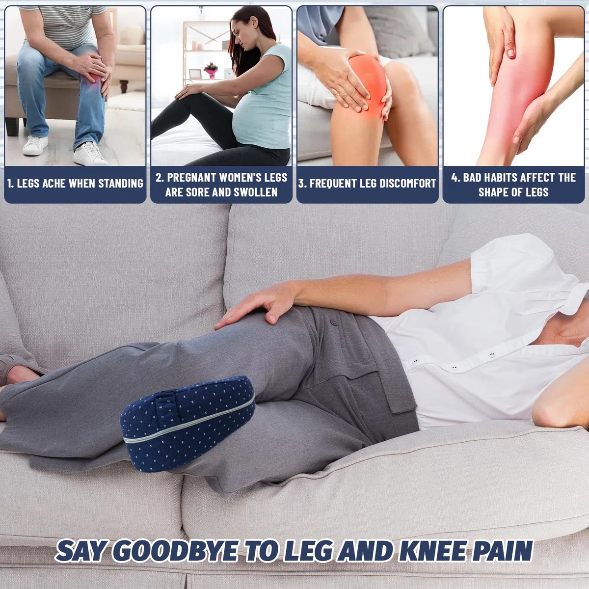 Cuscino per ginocchia per chi dorme sul fianco, ergonomico in memory foam, con cintura e rivestimento rimovibile e lavabile, supporto per ginocchia, gambe e schiena (blu)