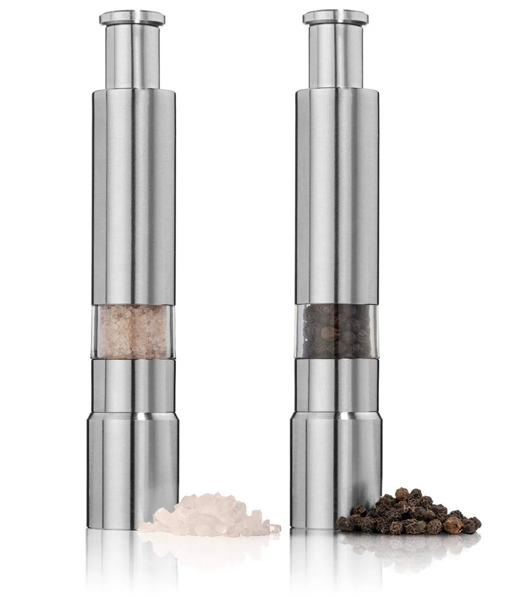 Set di macinini per sale e pepe in acciaio inossidabile con pulsante a pressione, design moderno, perfetto per pepe nero, sale marino e sale dell'Himalaya