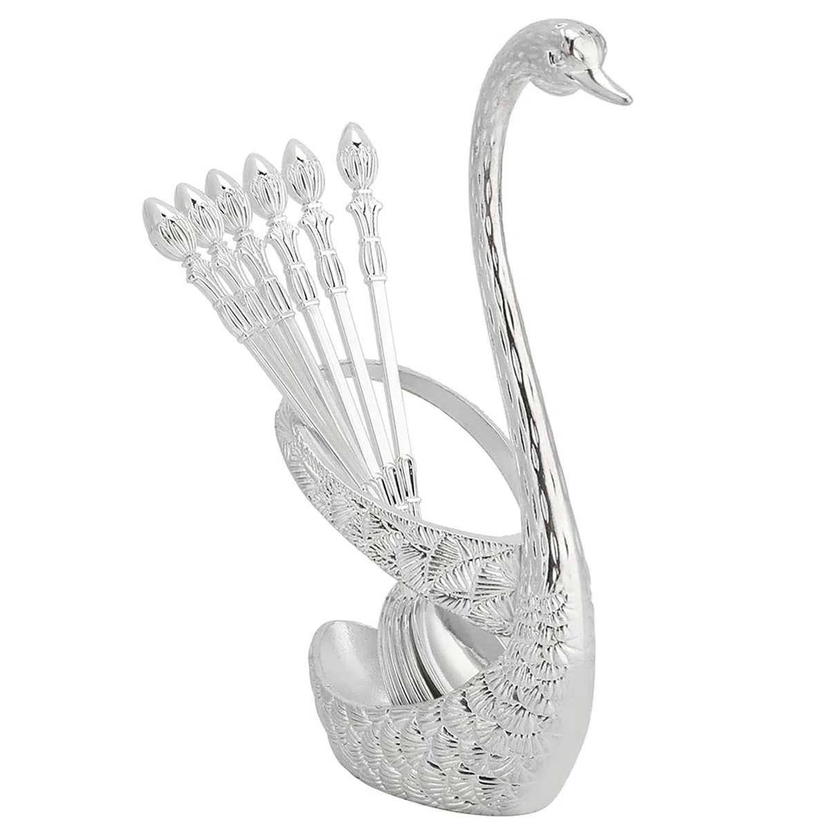 6 cucchiai da portata, cucchiaini da caffè in acciaio inossidabile con porta utensili porta cucchiaio a forma di cigno per piano di lavoro(Silver)