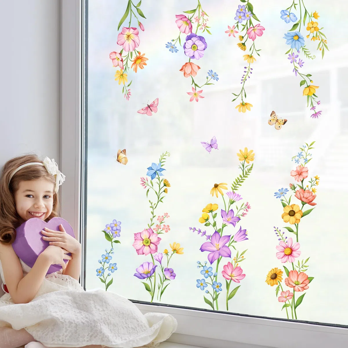 Tanlaby Fiori Colorati Adesivi per Finestre Estate Primavera Piante Vetrofanie Adesivi Fiore Erba Farfalla Decalcomanie per Finestre Anti-Collisione Finestra Vetro Porte Decalcomanie