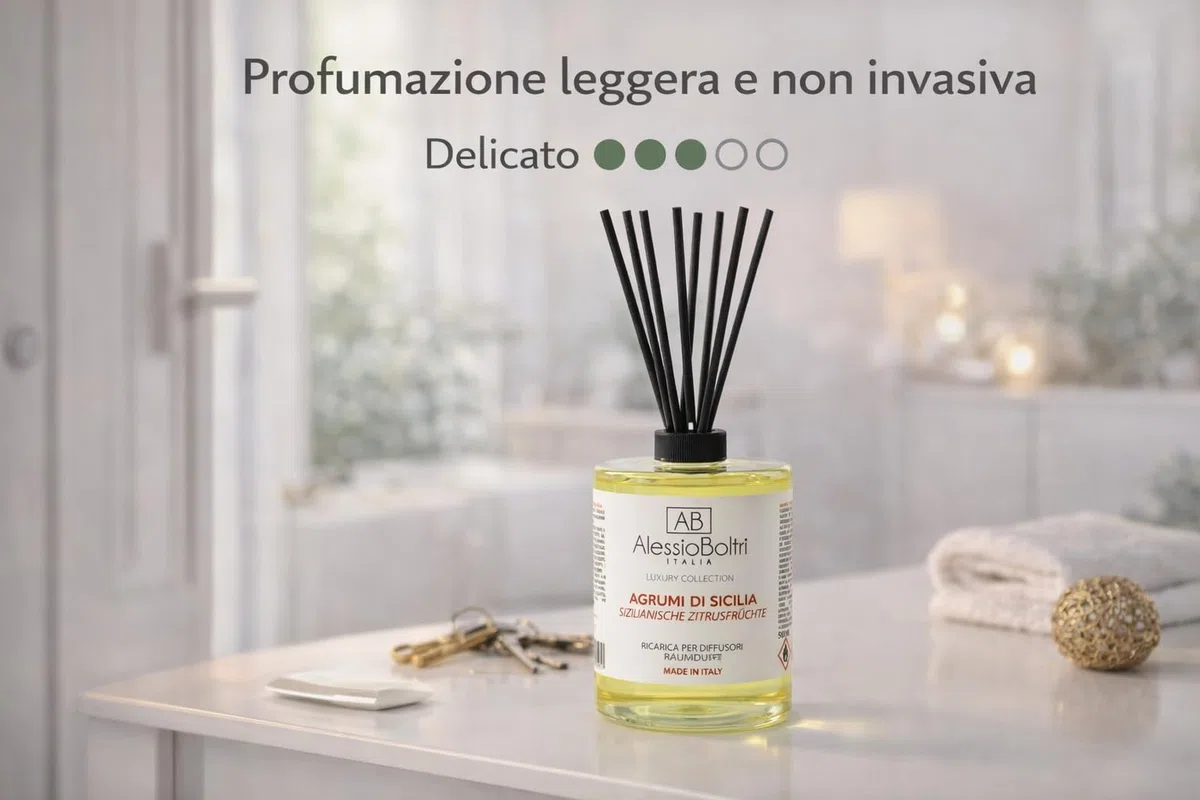 Alessio Boltri Ricarica Diffusore Ambiente 500 ml – Agrumi di Sicilia – Fragranza Delicata e Naturale – Solo per Diffusori a Bastoncini – Durata Fino a 120 Giorni – Made in Italy