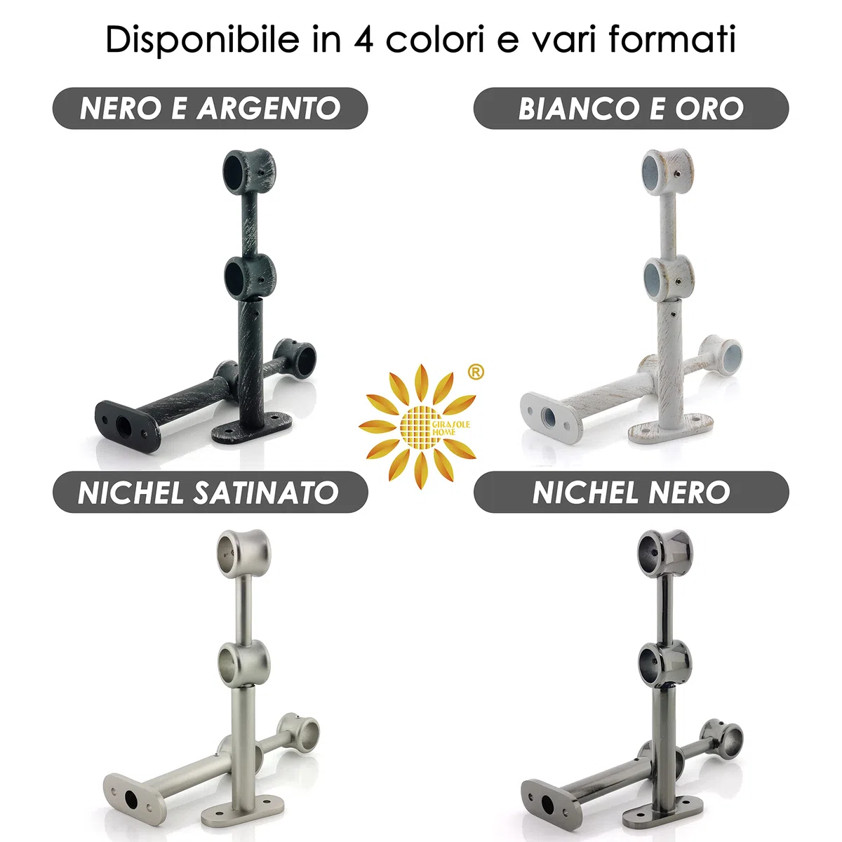 GIRASOLE HOME Staffa Regolabile Doppia 175mm per 2 Aste 2 Pezzi in Lega di Zinco Resistente per Bastoni dal Diametro di 18-20 mm (Nero e Argento)