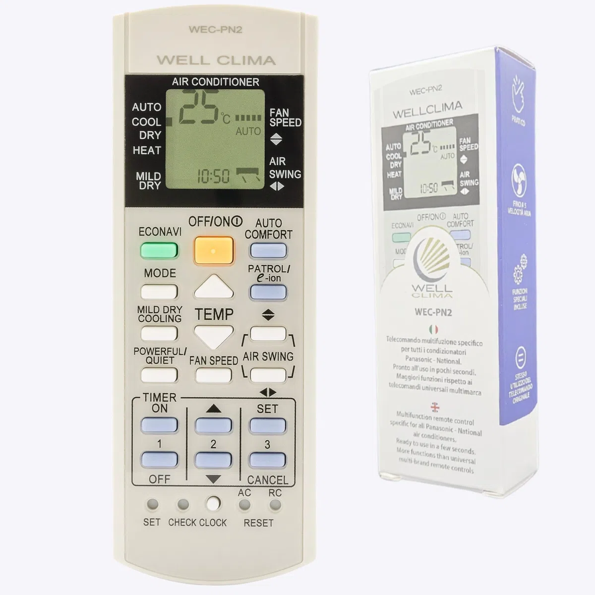 Wellclima Telecomando Universale specifico per Condizionatore Panasonic National, Compatibilità Totale Climatizzatore Pompa di Calore Inverter, Istruzioni Multilingua, Pronto all’Uso in pochi secondi