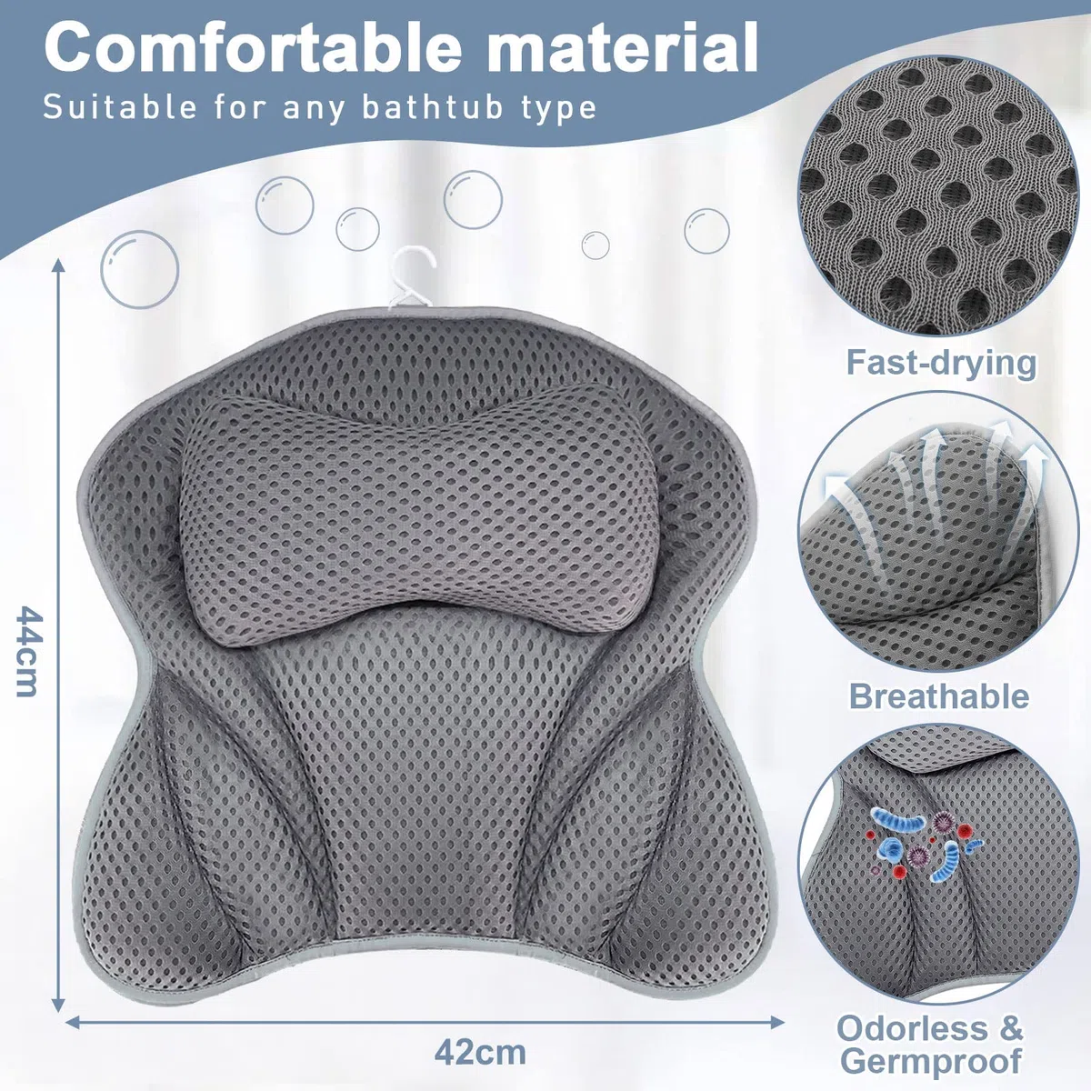 Amzeeniu Cuscino da Bagno,Nuovo Cuscino Per Vasca Da Bagno 4D Air Mesh con 6 Ventose,Cuscini Poggiatesta da Vasca per Vasca da Bagno Cuscino,Home Spa Per Collo Della Vasca E Supporto Per La Schiena