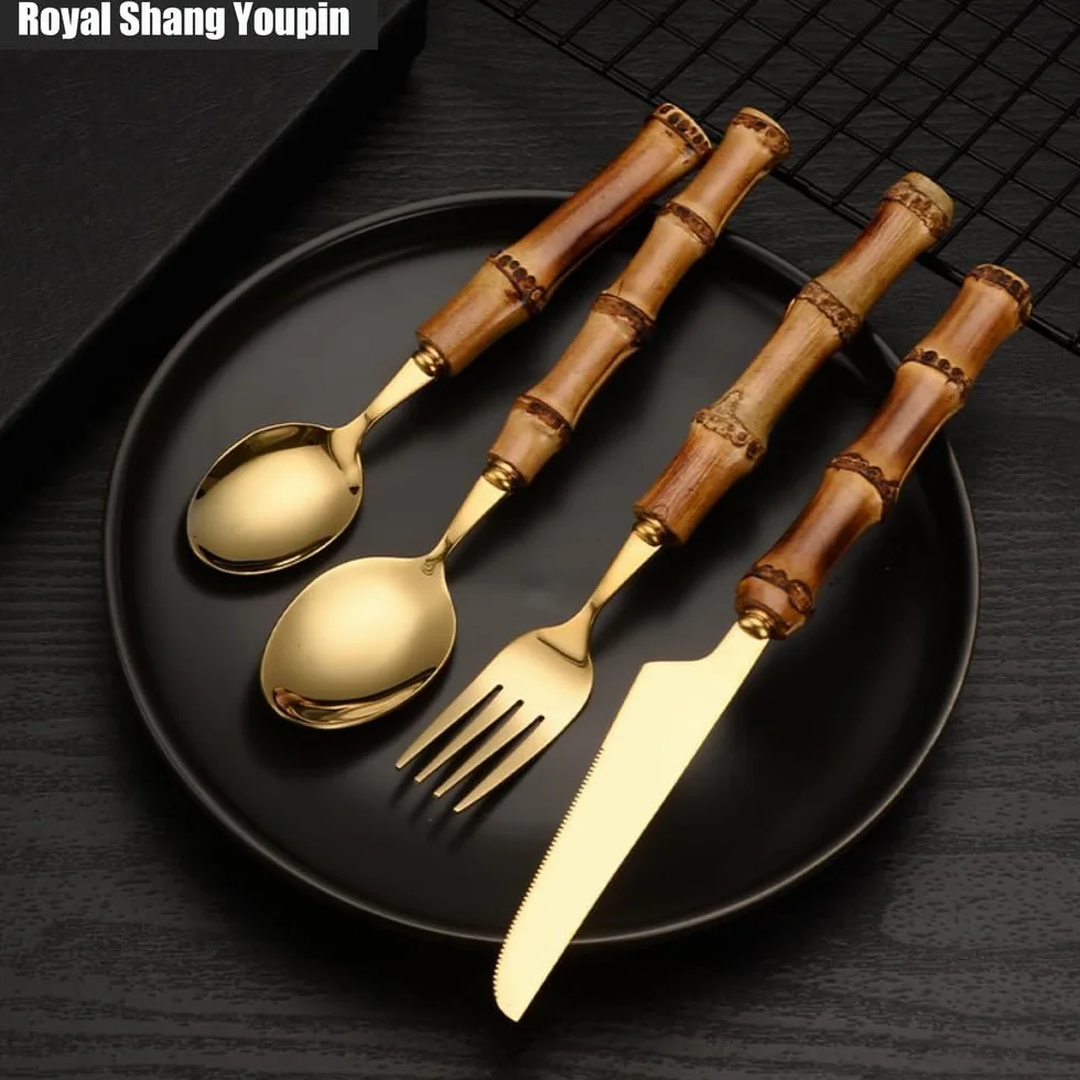 In Primo Piano Manico in Bambù Autentico Cucina Acciaio Inossidabile Posate Stoviglie Posate Coltelli Forchette Cucchiai Set Coltello Da Bistecca Per (Oro,20 pezzi)