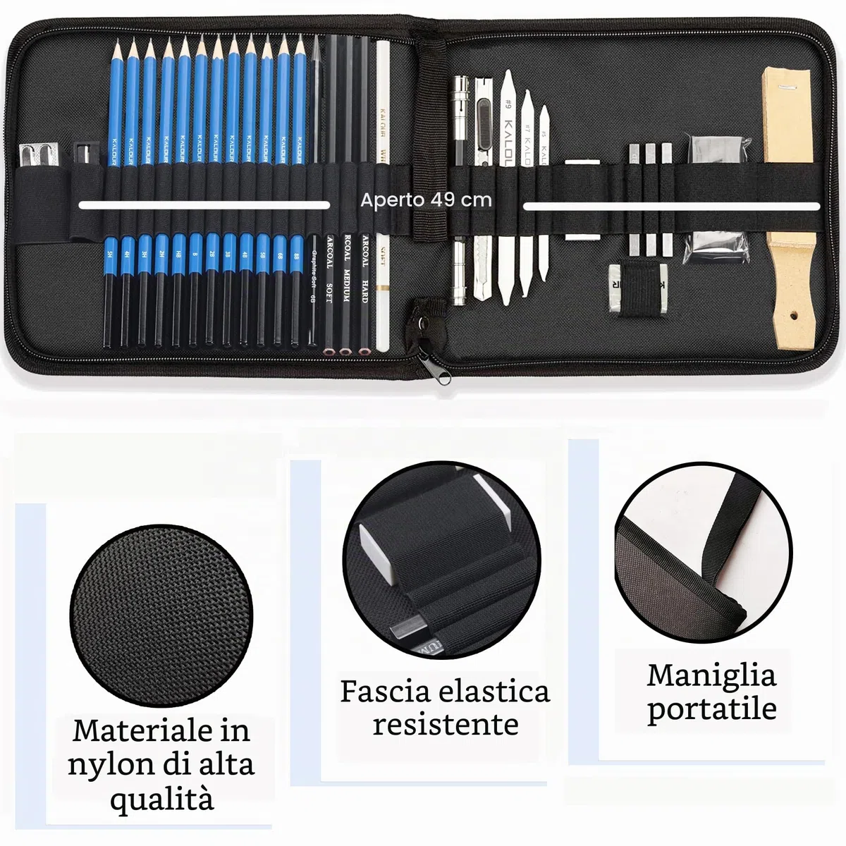 KALOUR Set di 34 matite da disegno con album e custodia da viaggio, per schizzi e carbone, gomma inclusa, per principianti e adulti