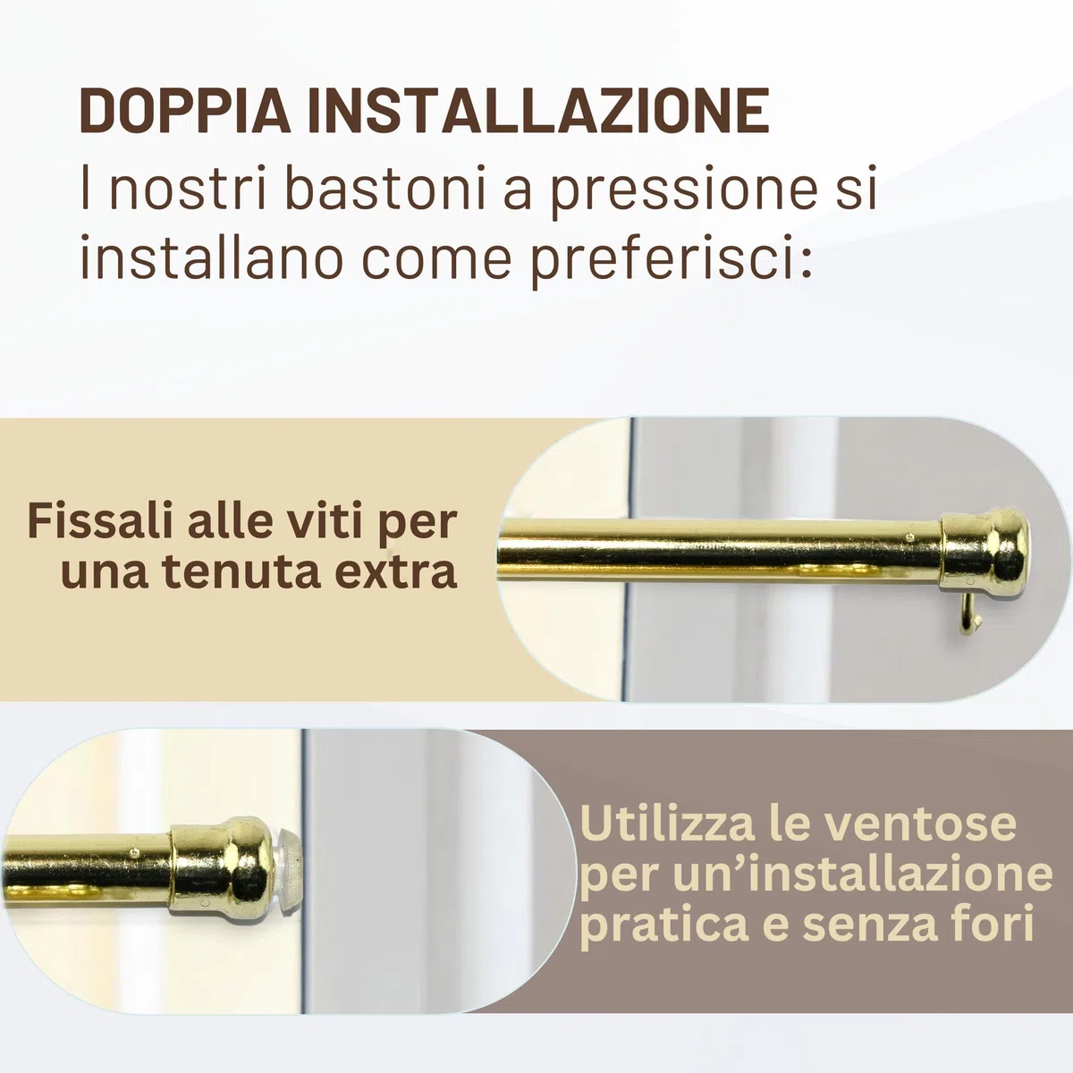 SONIT – Set 2 Bacchette per Tende Senza Forare da 40 a 60 cm, Bastoni Tenda a Vetro Estensibili con Ventose e Ganci, Fissaggio Senza Trapano, Aste Regolabili in Alluminio Finitura Oro