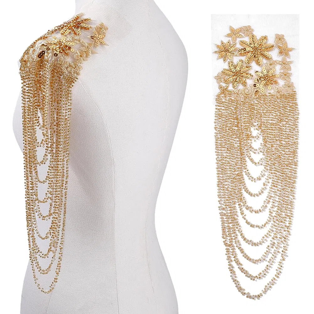 FINGERINSPIRE 1Paio Applique con Strass a Forma di Fiore 3D Fatte a Mano Perline di Cristallo Oro Paillettes Patch Ricamate Spalline con Paillettes per Abito da Sera Costume da Ballo Decorazione