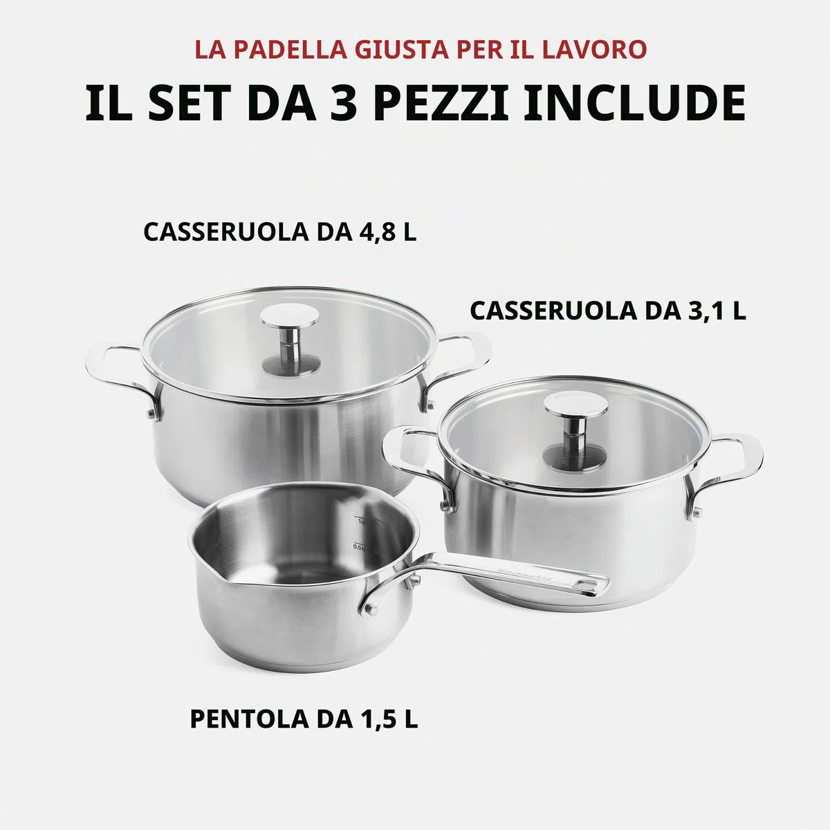 KitchenAid Stainless Steel Set di Pentole Antiaderenti in Acciaio Inox con Coperchio, Adatte a Tutti i Tipi di Fornelli, Induzione, Forno e Lavastoviglie, 20/24 cm + Pentolino 16 cm/1,5 L, 5 pezzi