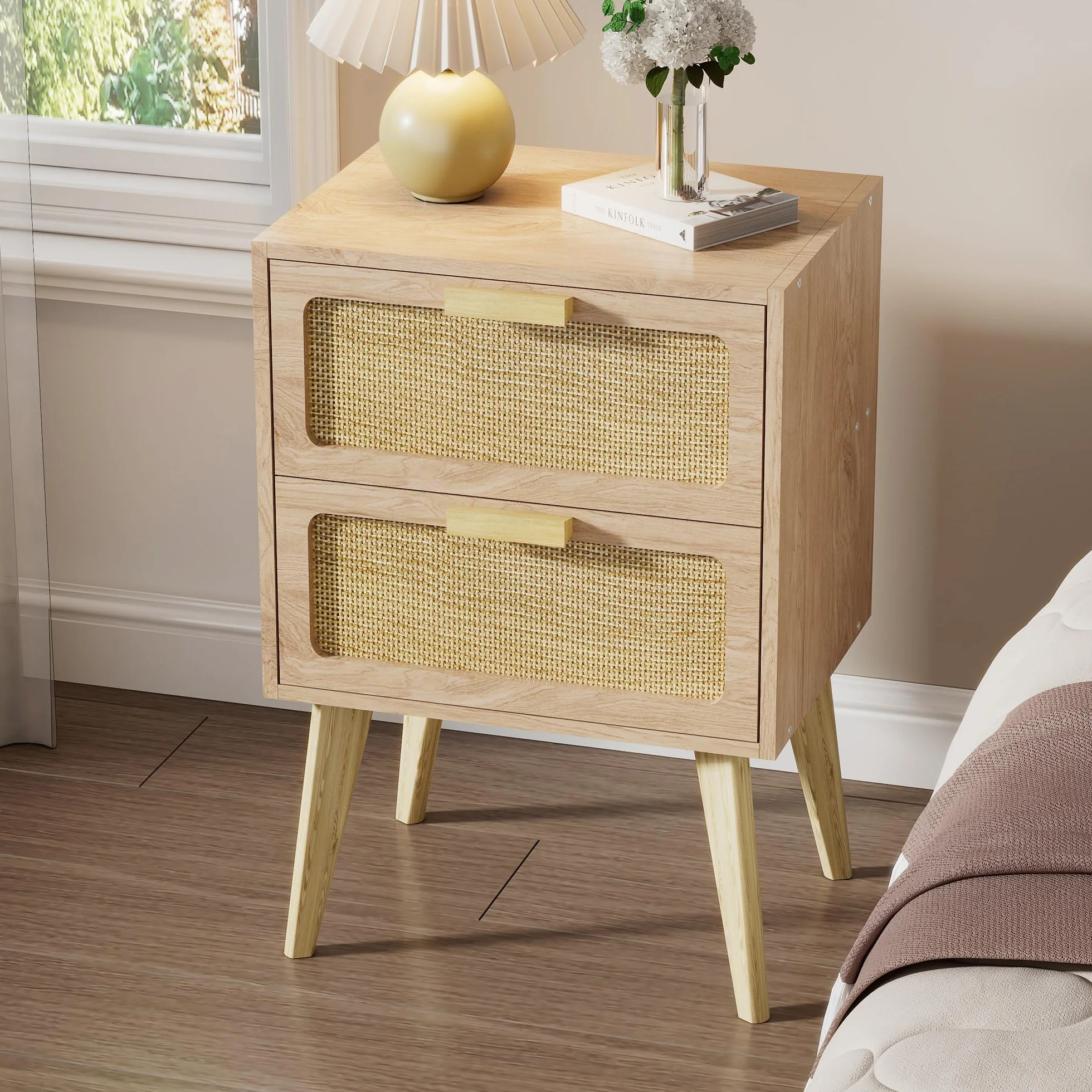 YAUKOMEL Comodino in rattan, comodino bohémien con portaoggetti, tavolino, tavolino con 2 cassetti decorati in rattan fatti a mano per piccoli spazi, soggiorno, camera da letto, naturale, DECTG59Y