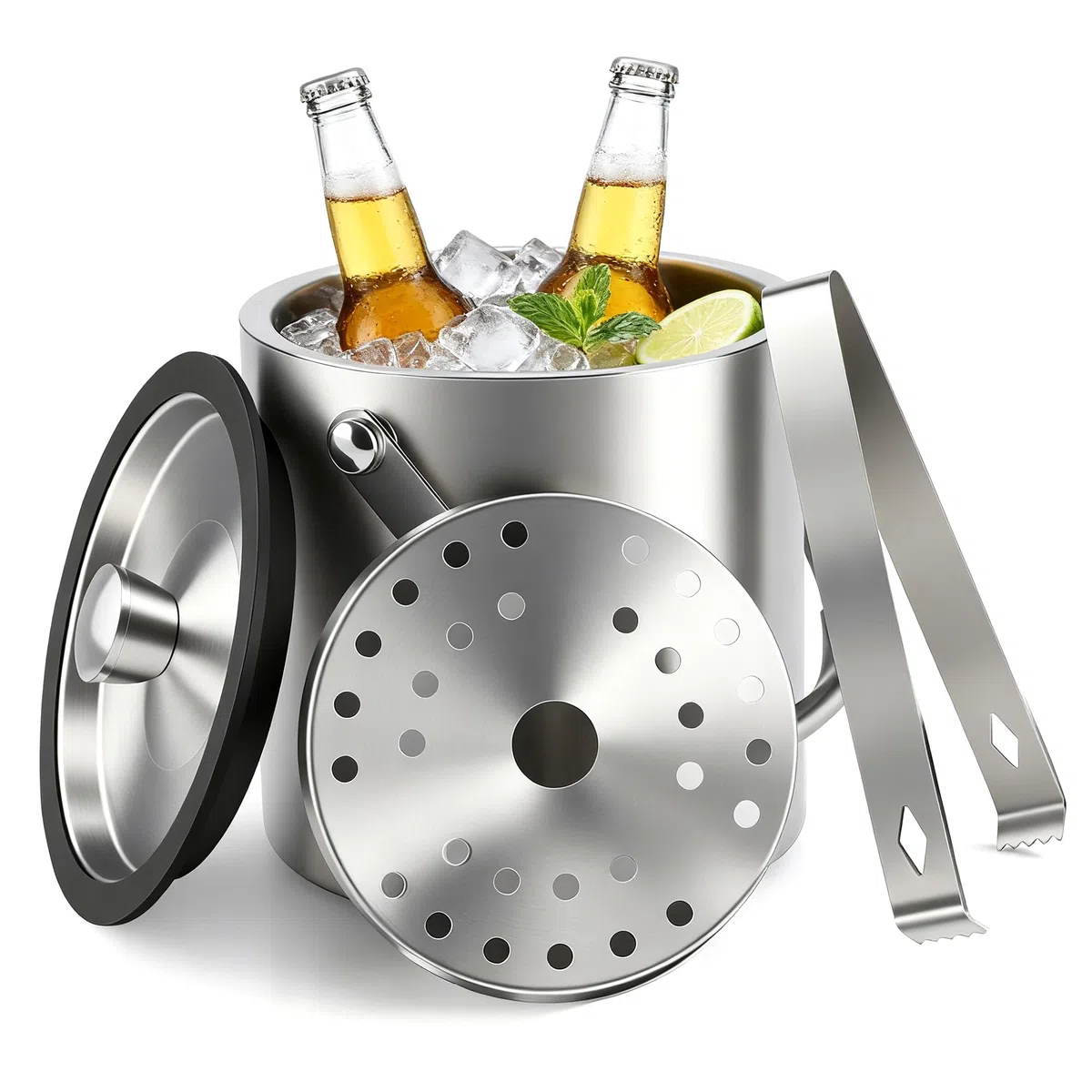 Secchiello Ghiaccio, Secchiello Ghiaccio Vino di Ghiaccio Acciaio Inox Isolante con Pala, Contenitore Porta Ghiaccio con Coperchio, Pinze e Filtro, per Champagne, Bar, Cocktail, Feste (3L)