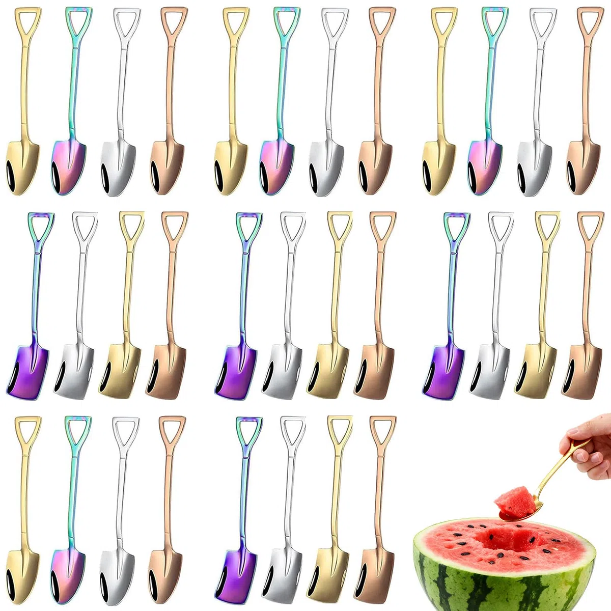 32 Pezzi Cucchiaio Pala in Acciaio Inossidabile, Cucchiaino da Dessert, Cucchiaino da Caffè, Cucchiai Creativi A Forma Pala Adatti per Bar, Caffetterie, Feste E Ristoranti(Quattro Colori)