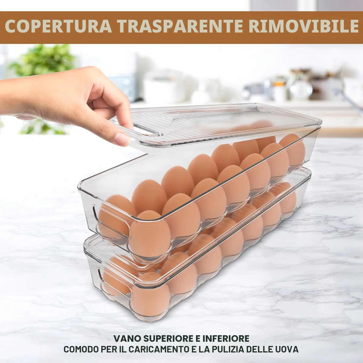 Kichly Contenitore per uova per frigorifero, contenitore per 14 uova con coperchio e manico, porta uova per frigorifero, contenitore per uova e vassoio per uova (trasparente, confezione da 2)