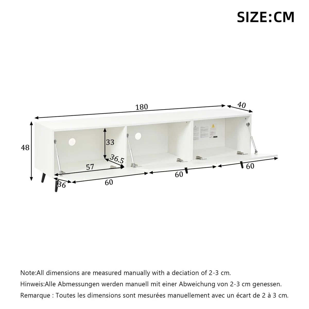Mobile TV grande 180 x 40 x 48 cm, con 3 ante a battente, design stampato, bianco, adatto per televisori da 80", grande capienza, materiale MDF.