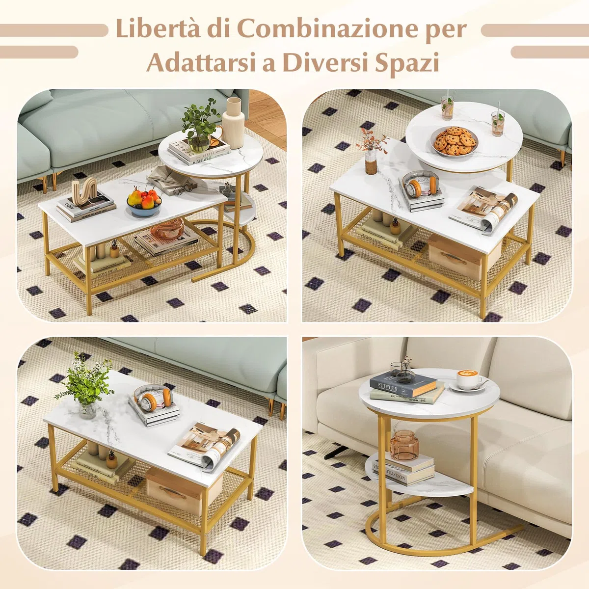 COSTWAY Set di Tavolini da Caffè Componibili, 2 in 1 Set di Tavoli Rimovibili con Piano in Marmo Sintetico, Tavolino Rotondo e Tavolino Rettangolare per Salotto e Camera da Letto (Oro)