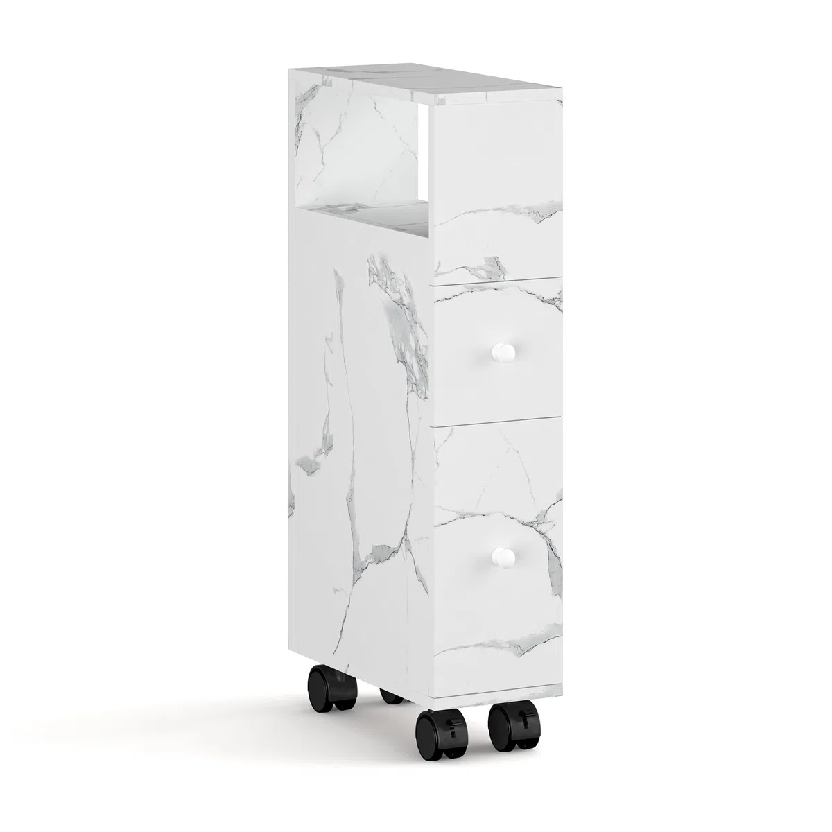 [en.casa] Mobile da Bagno Stretto a Rotelle con 2 Cassetti e Scomparto Aperto Armadietto Estraibile Multiuso per Cucina Lavanderia Ufficio 66 x 15 x 33 cm - Effetto Marmo Bianco