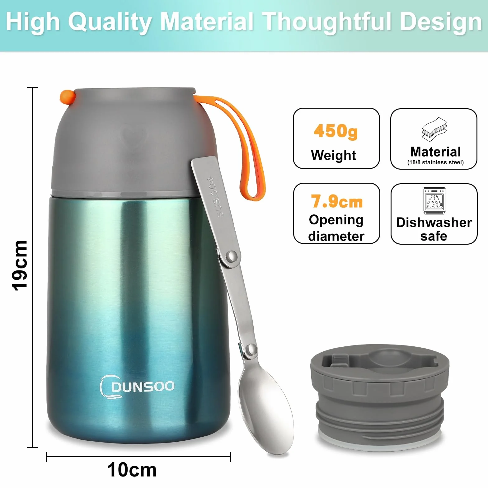 DUNSOO Contenitore termico per alimenti, 650 ml, in acciaio inox, con cucchiaio pieghevole, ideale per conservare zuppe, porridge, gelato e yogurt (verde, 650 ml)