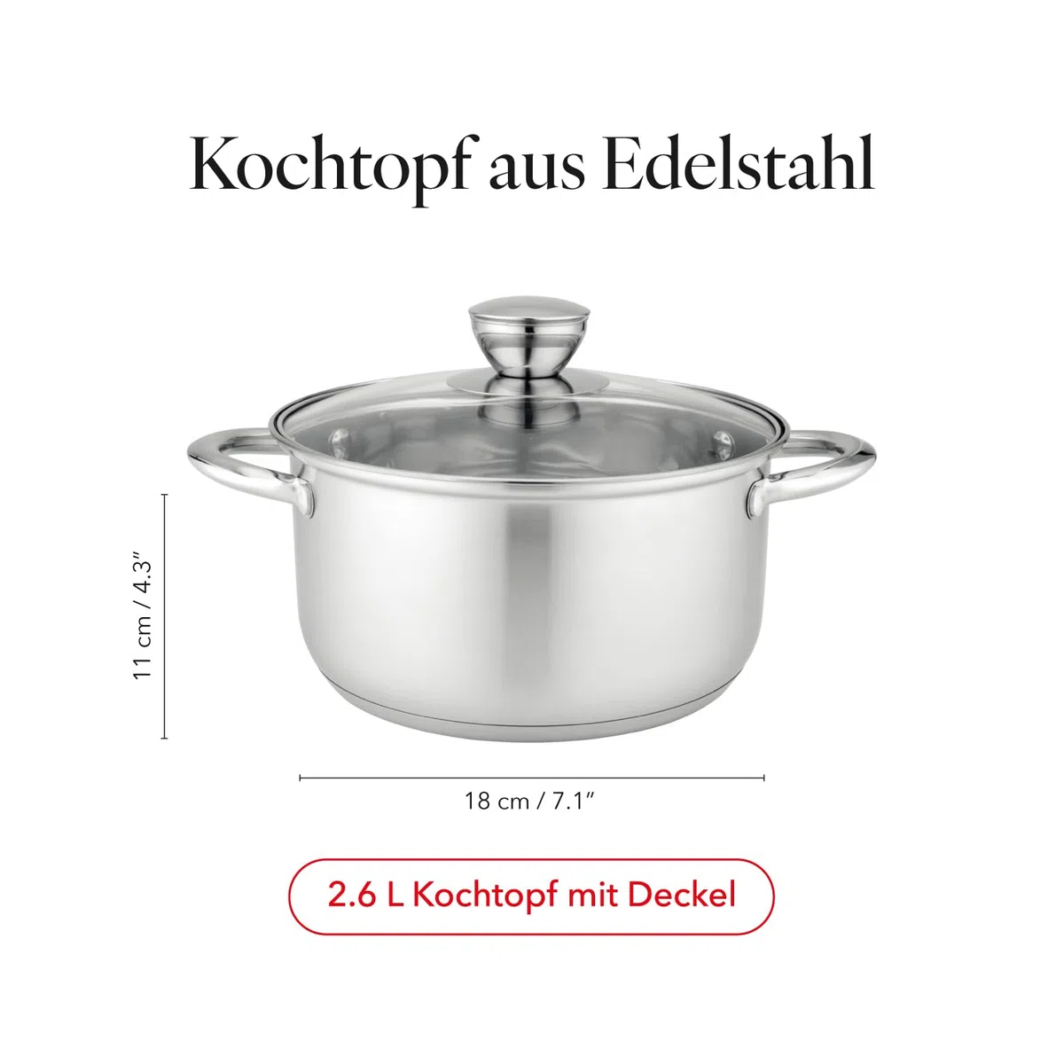 FLORINA Pentola in Acciaio Inox (2,6 l) 18 cm I Pentola con Coperchio in Vetro Matteo I Adatta alla Lavastoviglie I Pentola per Pasta, Zuppa I Ideale per Tutti i Tipi di Fornelli e Induzione